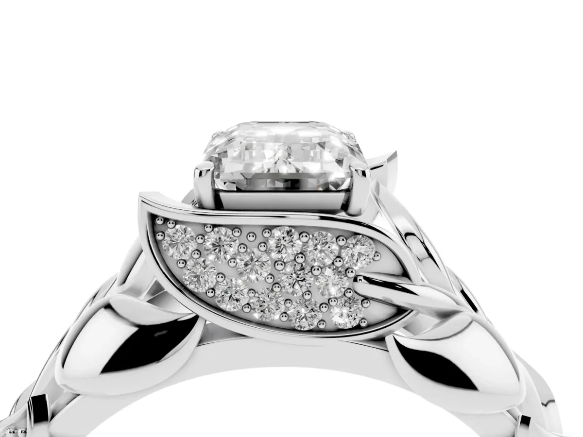 Emerald Cut Diamond Leaf-Inspired Engagement Ring with Round Accents and Prong Setting Silver