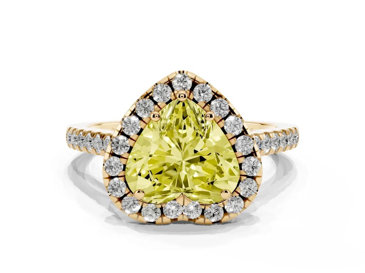 Fancy Yellow Heart Cut Halo Pavé Diamond Engagement Ring with Four-Prong Setting Yellow gold