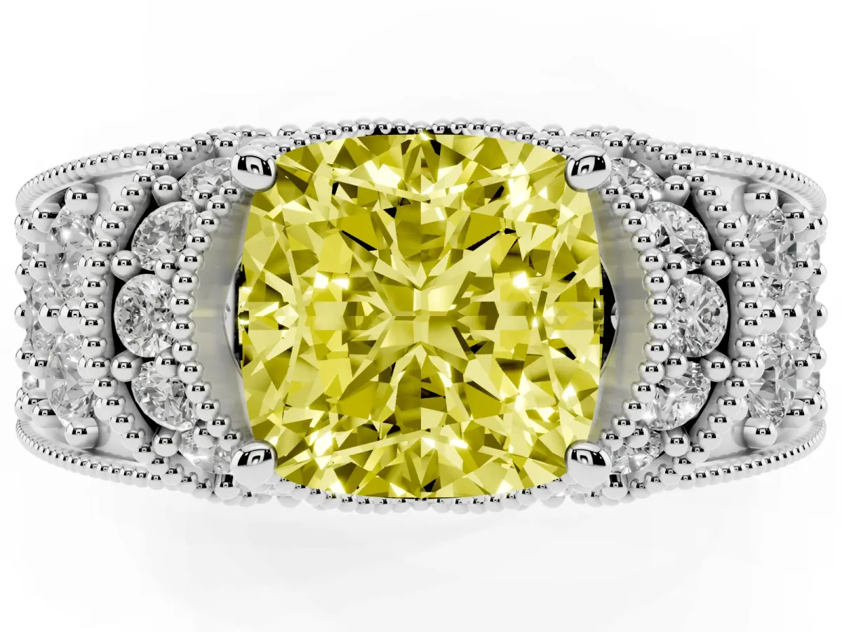 Fancy Yellow Cushion Cut Halo Pave Diamond Engagement Ring with Milgrain Detailing Platinum