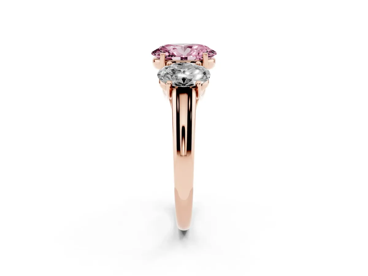 Fancy Pink Three-Stone Oval Cut Diamond Engagement Ring with Prong Setting Rose gold