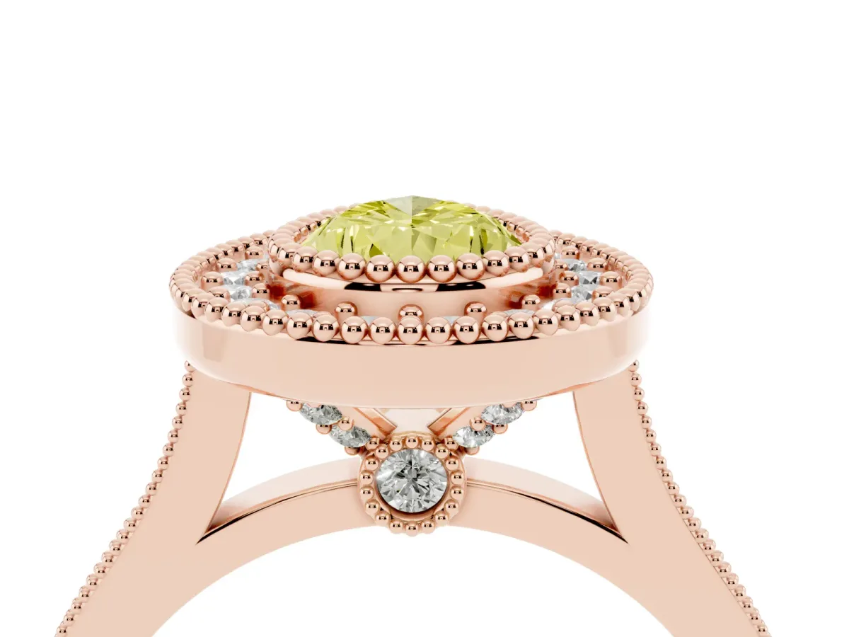 Fancy Yellow Pear Cut Diamond Halo Ring with Milgrain Frame and Pavé Band Rose gold