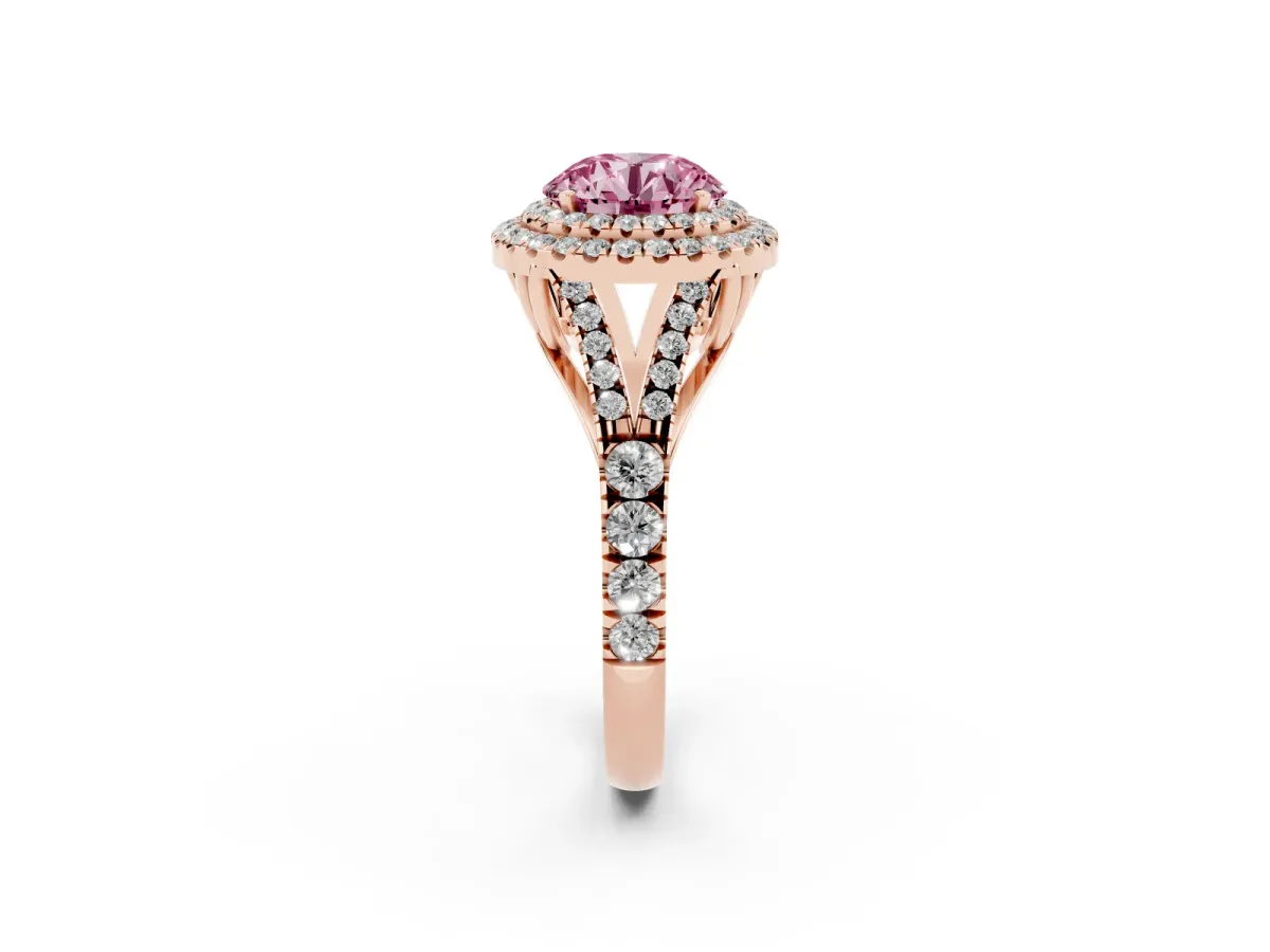 Fancy Pink Round Cut Cut Double Halo Split Shank Diamond Ring with Prong Setting Rose gold