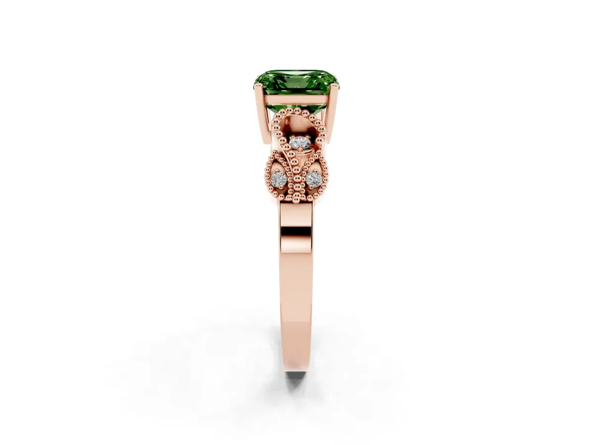 Fancy Green Asscher Cut Solitaire Milgrain Leaf Band with Prong Setting Rose gold