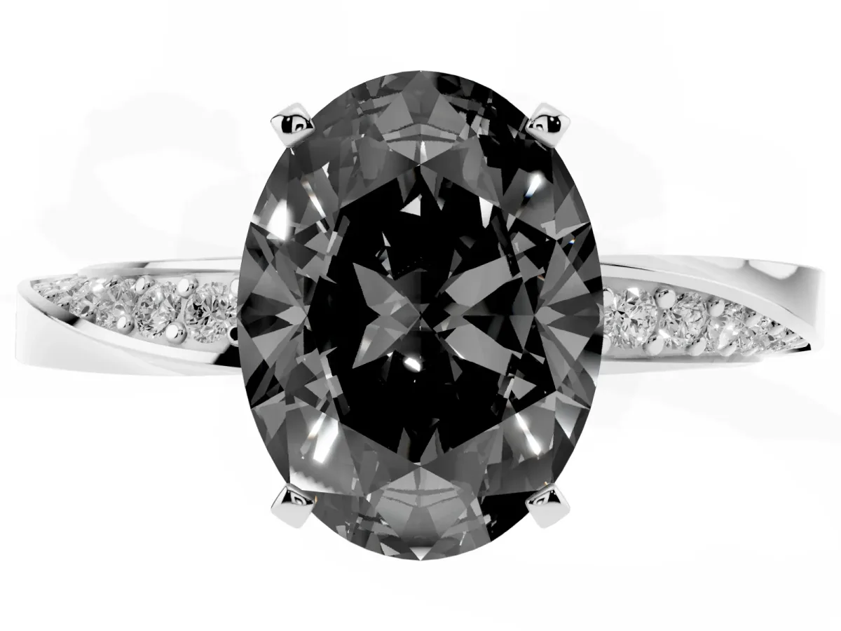 Fancy Black Oval Cut Diamond Engagement Ring with Side Stone Accents and Four-Prong Setting Platinum