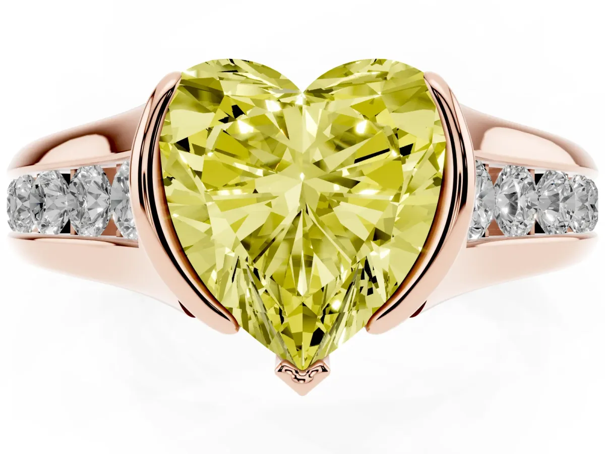 Fancy Yellow Heart Cut Solitaire Bezel-Set Diamond Ring with Channel-Set Band Rose gold