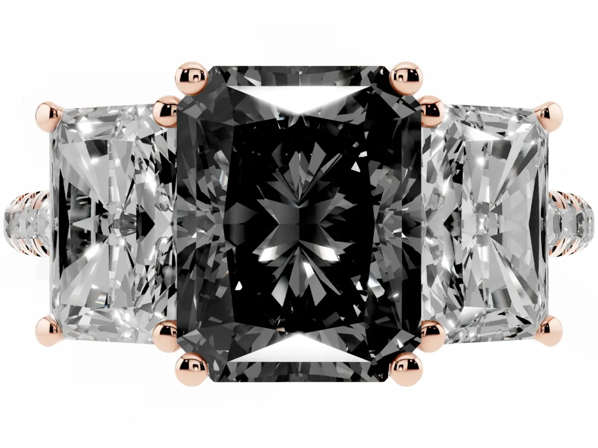 Fancy Black Three-Stone Radiant Cut Diamond Ring with Round Pavé Band and Prong Setting Rose gold