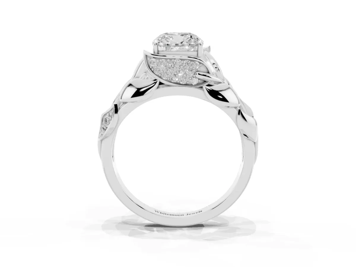 Cushion Cut Diamond Leaf-Inspired Engagement Ring with Round Accents and Prong Setting Silver