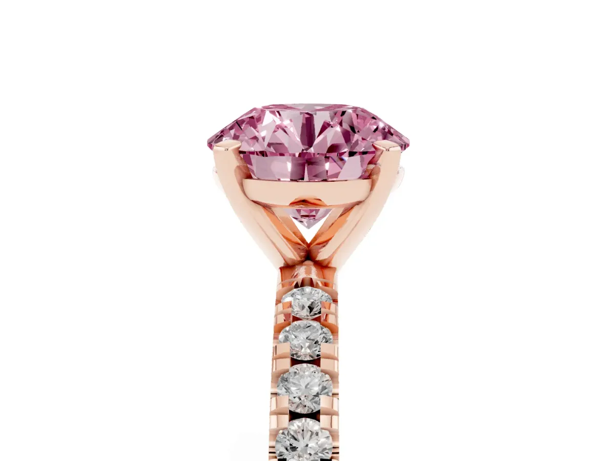Fancy Pink Round Cut Diamond Pavé Band Solitaire with Four-Prong Setting Rose gold