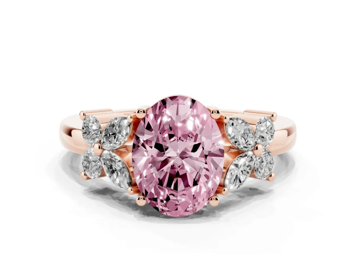 Fancy Pink Oval Cut Diamond Floral Cluster Ring with Solitaire Band and Prong Setting Rose gold