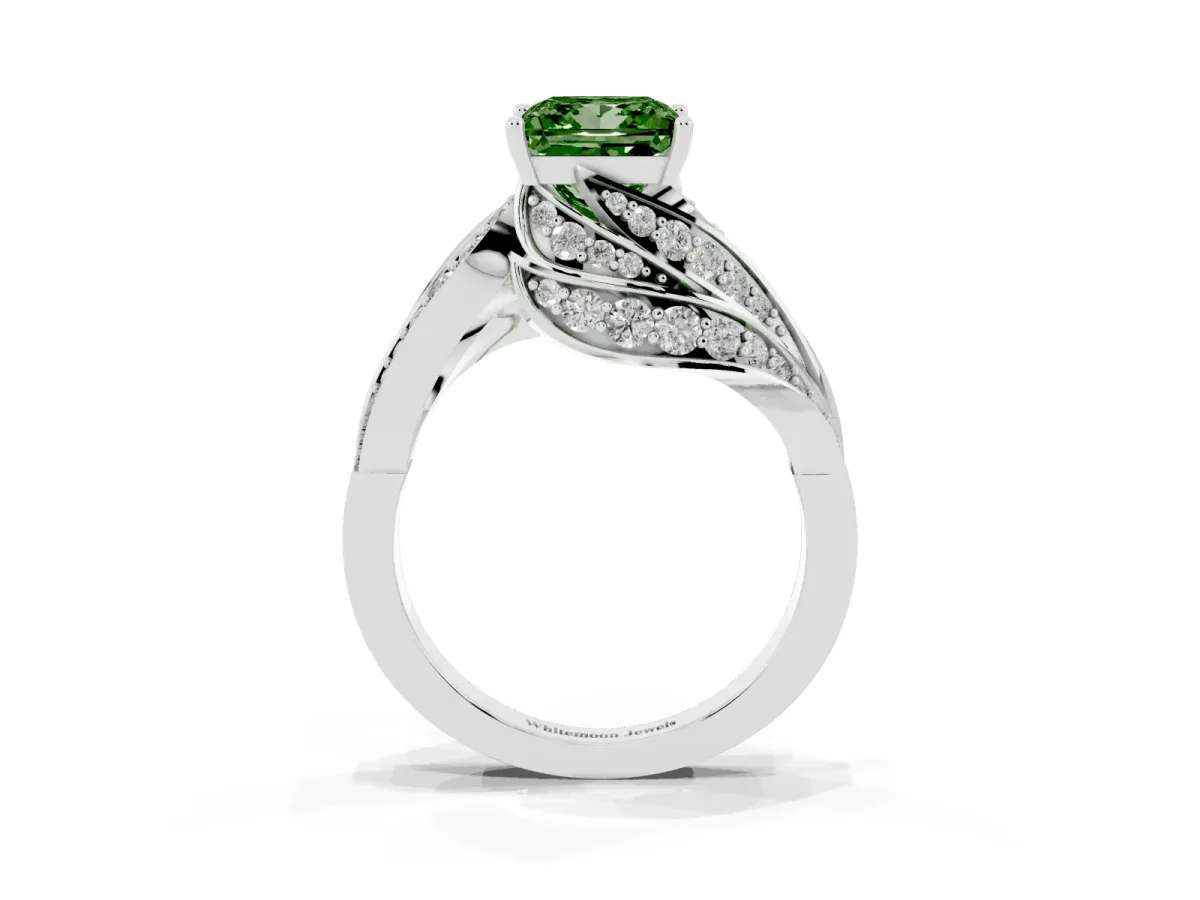 Fancy Green Princess Cut Diamond Solitaire Ring with Prong Setting and Twisted Pavé Band Silver