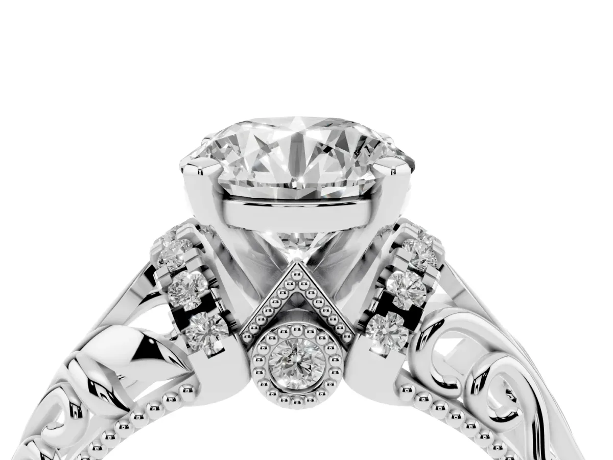 Round Cut Solitaire Filigree Engagement Ring with Halo and Prong Setting Platinum