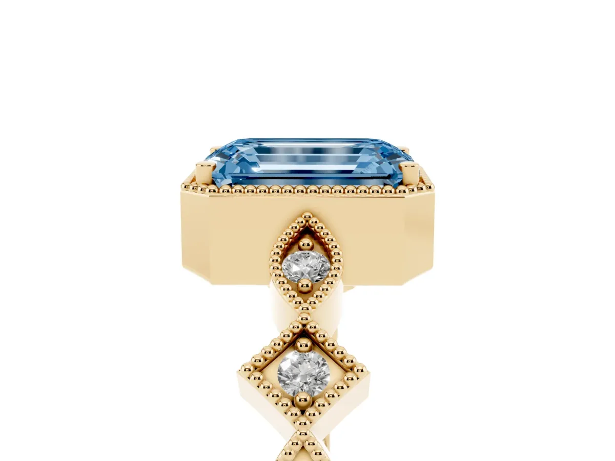 Fancy Blue Emerald Cut Milgrain Marquise Diamond Twist Band Ring Yellow gold