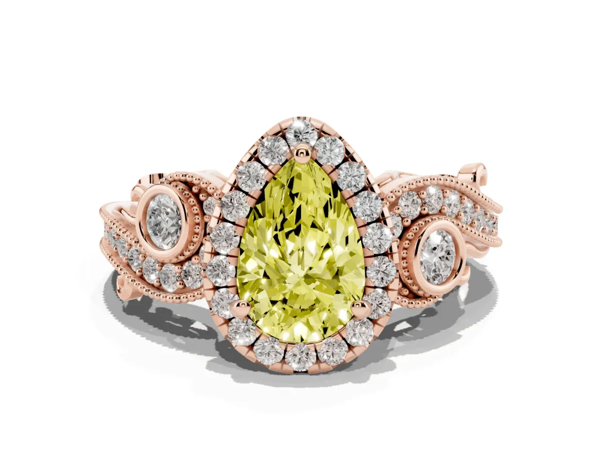 Fancy Yellow Pear Cut Halo Diamond Ring with Milgrain and Bezel Accents on a Split Shank Band Rose gold