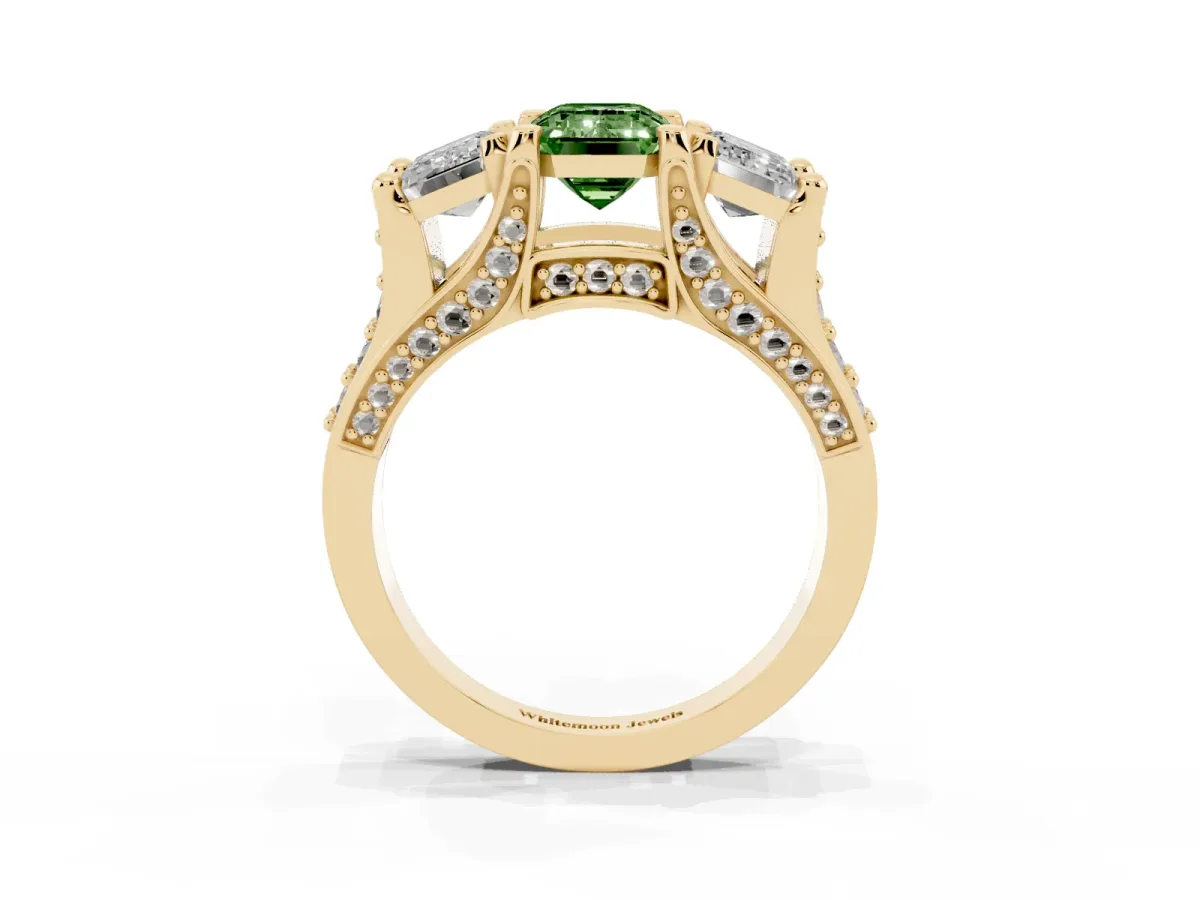 Fancy Green Emerald Cut Diamond Three-Stone Ring with Channel Set Band and Four-Prong Setting Yellow gold