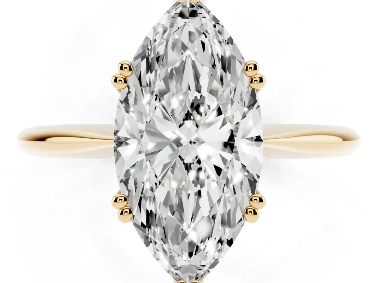 Marquise Cut Solitaire Diamond Ring with Six-Prong Setting and Classic Band Yellow gold