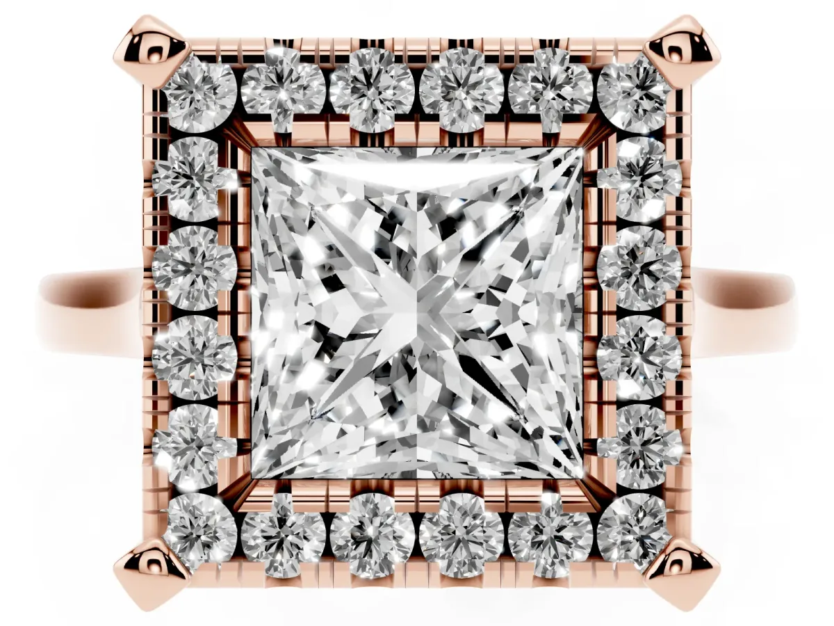Princess Cut Diamond Cluster Halo Solitaire with Four-Prong Setting Rose gold