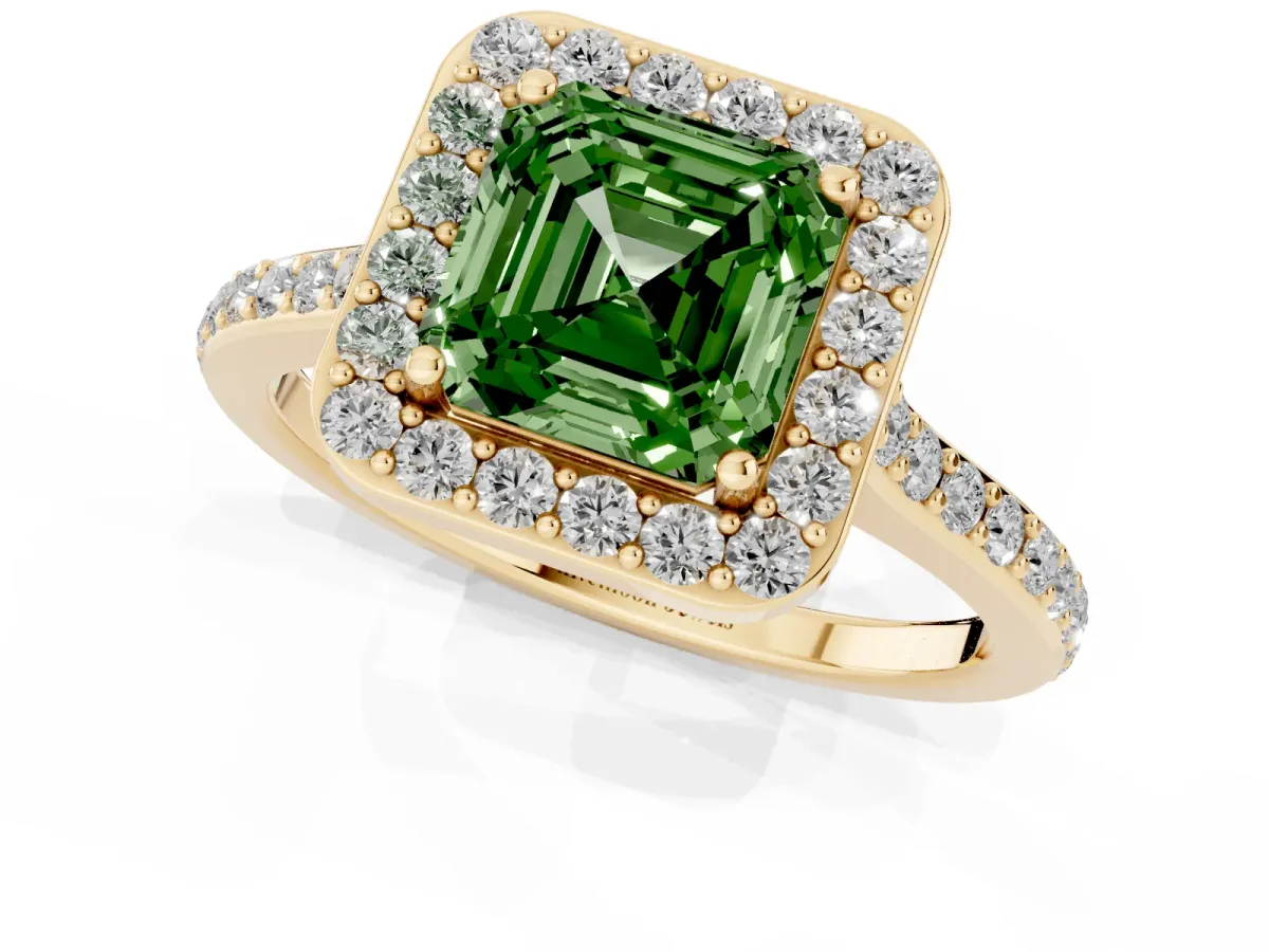 Fancy Green Asscher Cut Diamond Halo Engagement Ring with Round Pavé Shoulders and Prong Setting Yellow gold