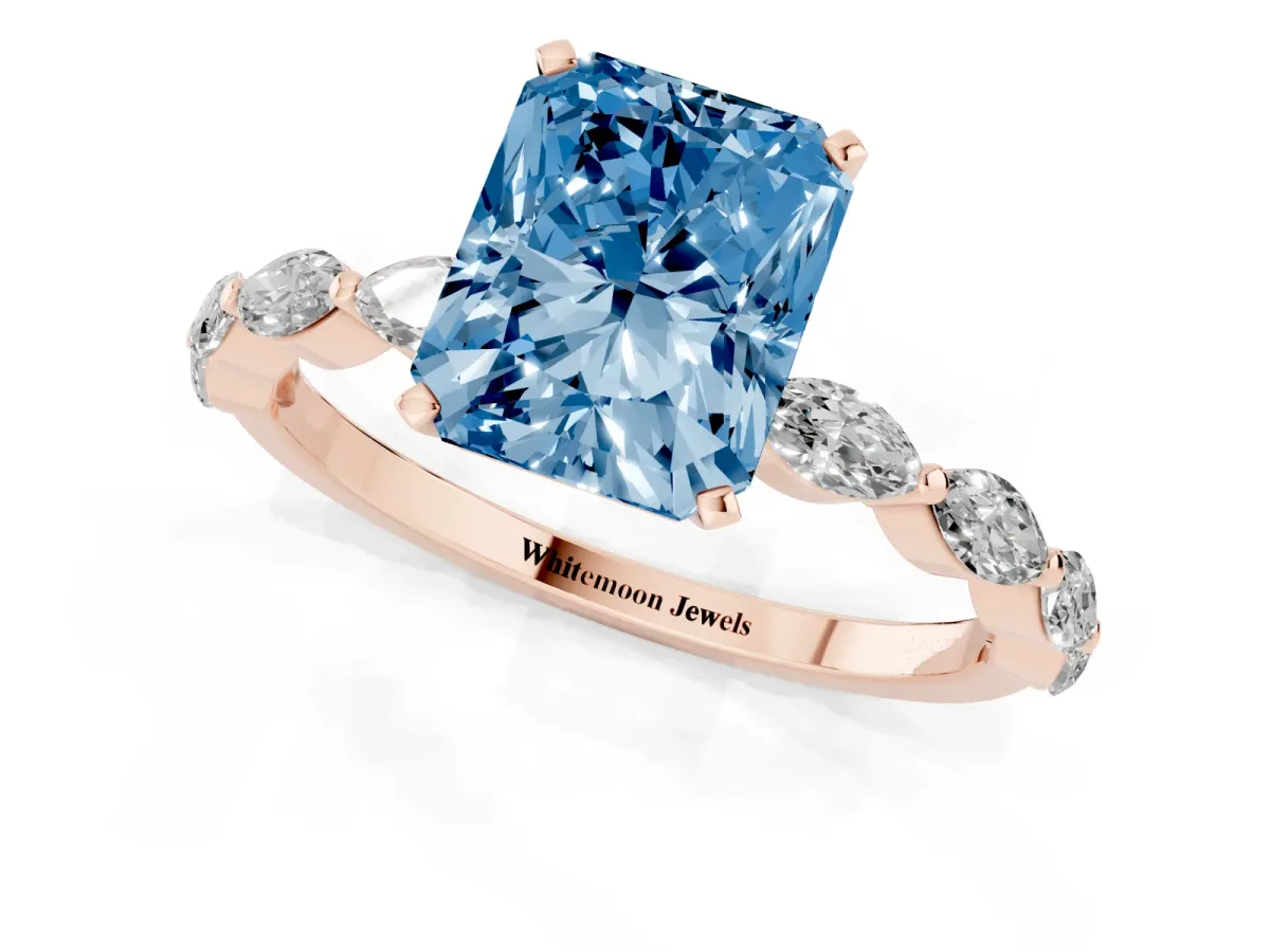 Fancy Blue Radiant Cut Diamond Ring with Marquise Side Stones and Prong Setting Rose gold