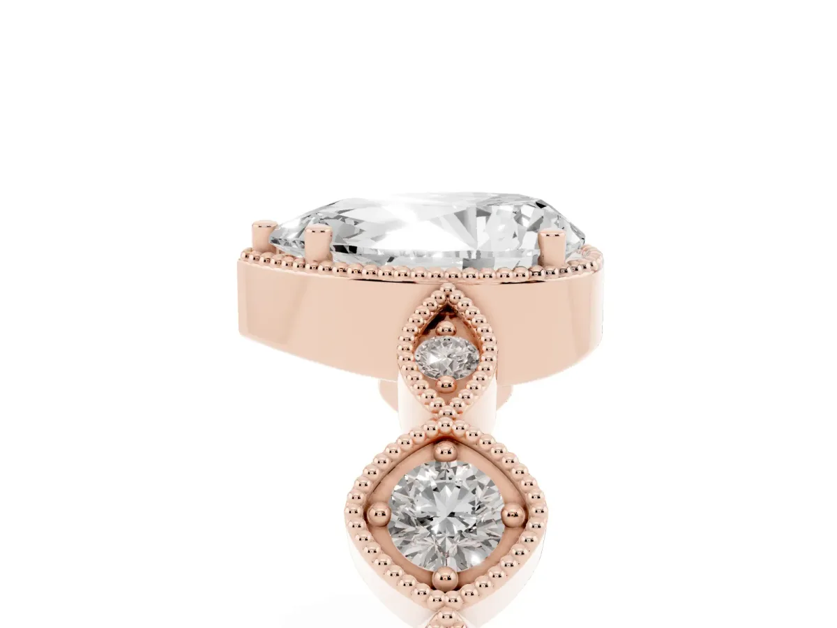Pear Cut Diamond Vintage Milgrain Ring with Round Stations Rose gold