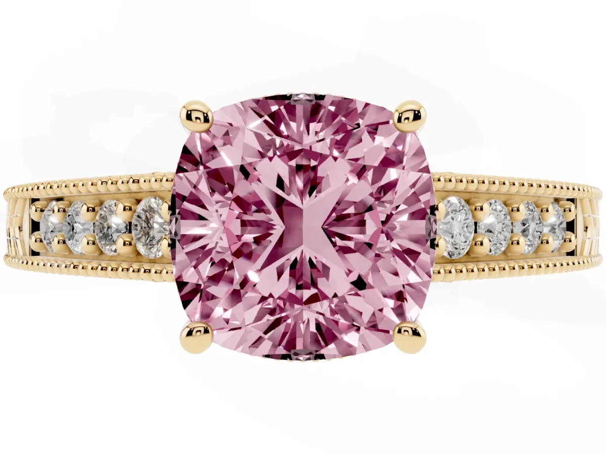 Fancy Pink Cushion Cut Solitaire Pavé Diamond Milgrain Engagement Ring with Four-Prong Setting Yellow gold