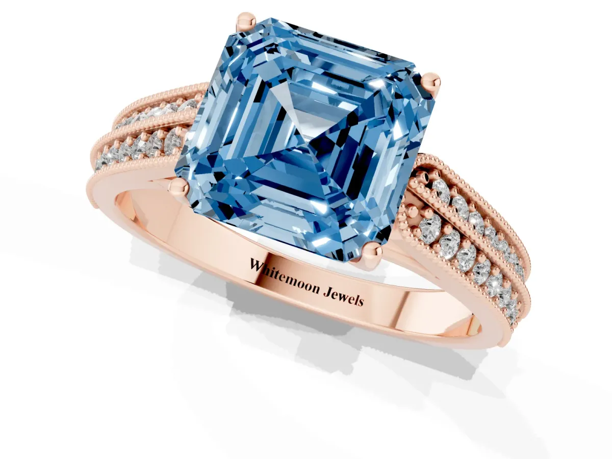 Fancy Blue Asscher Cut Cut Pave Split Shank Engagement Ring with Four-Prong Setting Rose gold
