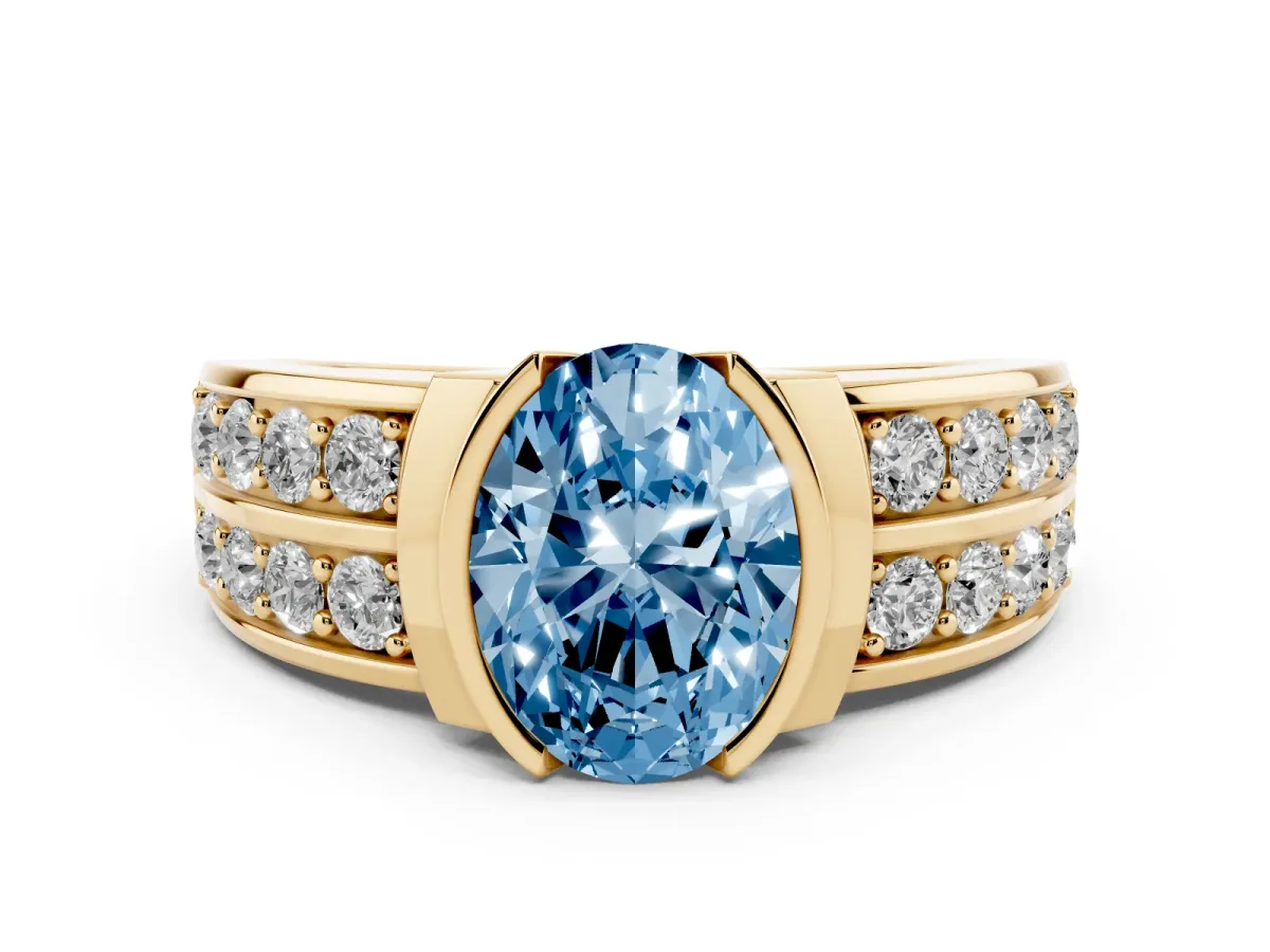 Fancy Blue Oval Cut Brilliant Diamond Channel Set Wide Band Ring with Bezel Setting Yellow gold