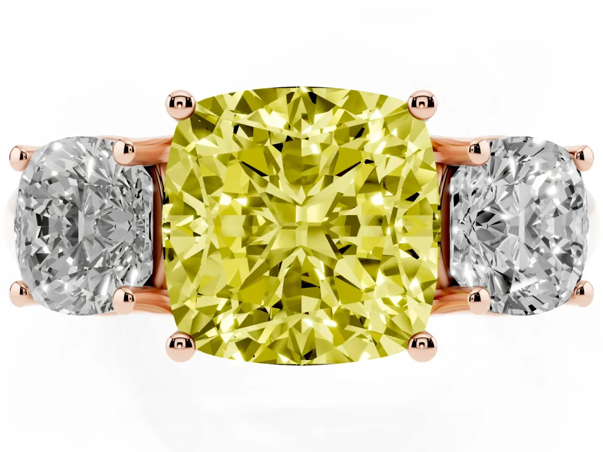 Fancy Yellow Three-Stone Cushion Cut Diamond Engagement Ring with Prong Setting Rose gold