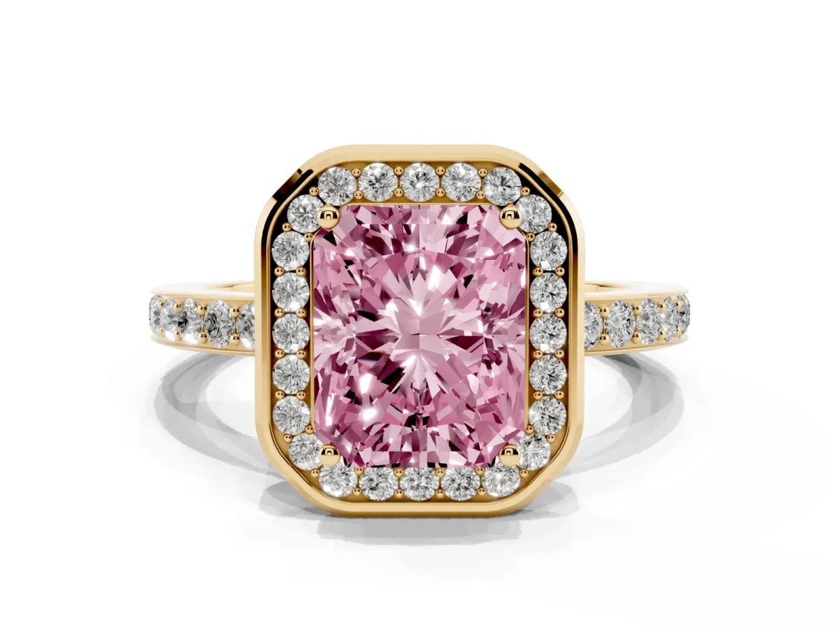 Fancy Pink Radiant Cut Diamond Halo Ring with Bezel Frame and Pavé Band Yellow gold