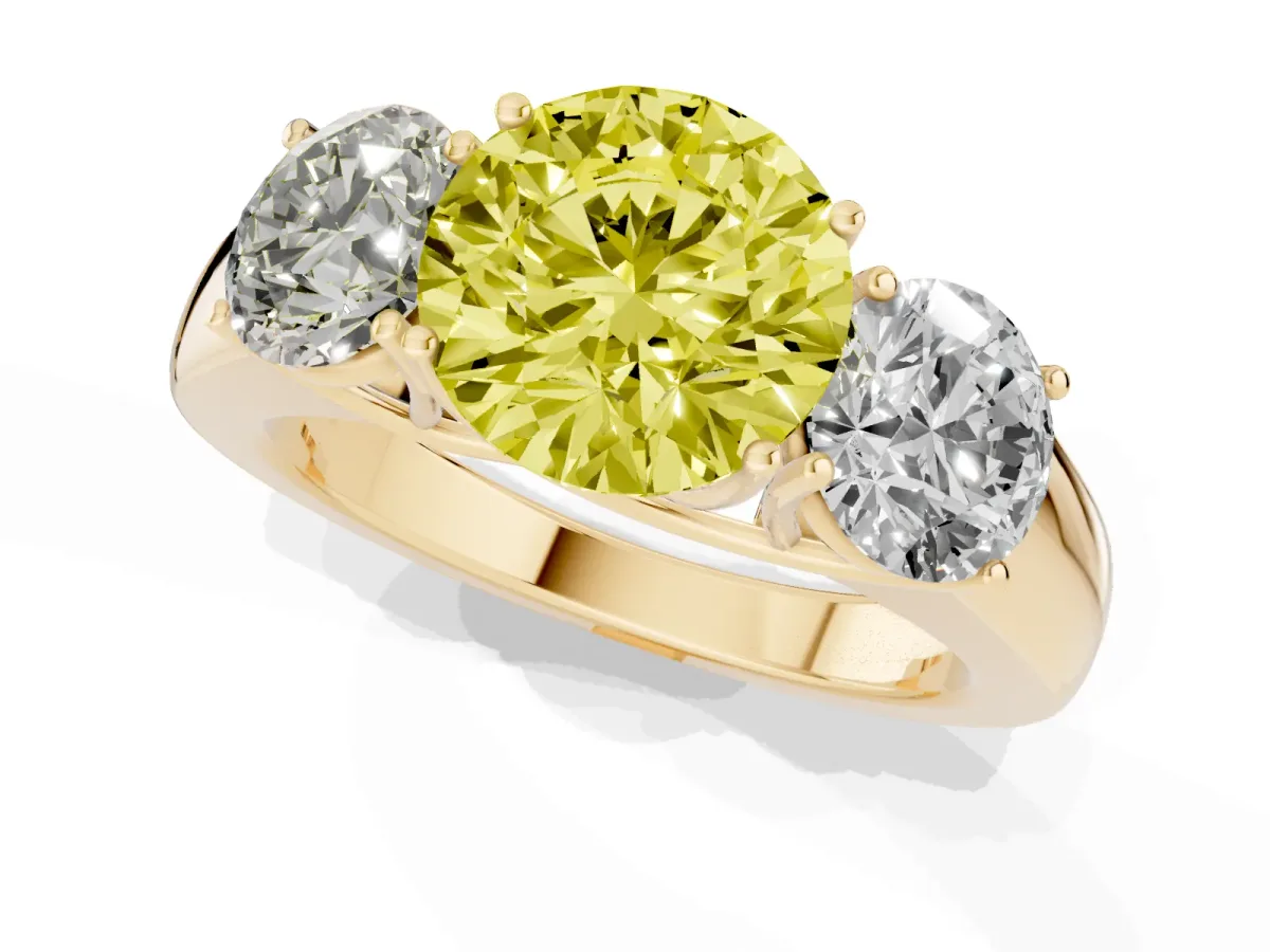 Fancy Yellow Three-Stone Round Cut Cut Diamond Ring with Prong Setting and Classic Band Yellow gold