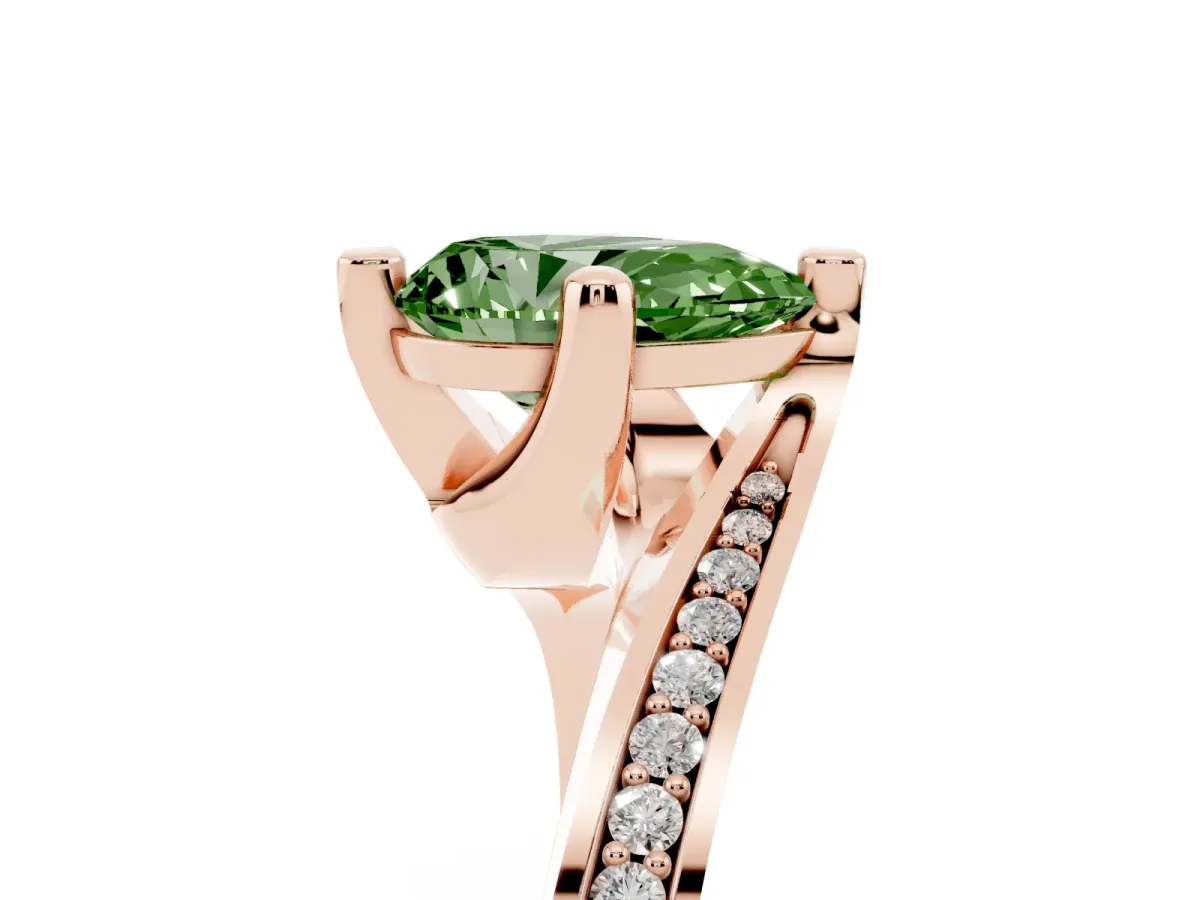 Fancy Green Pear Cut Solitaire Diamond Twist Band with Pavé Setting and Four-Prong Setting Rose gold