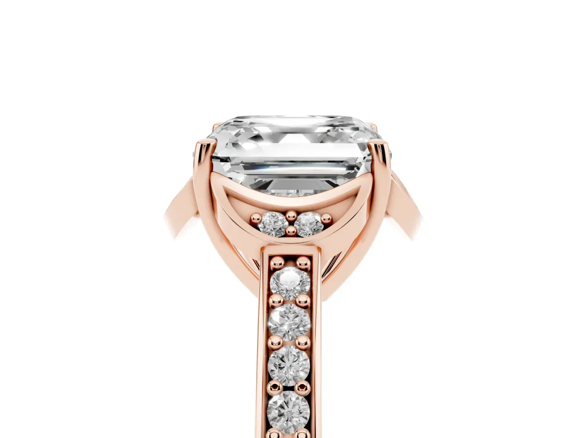 Asscher Cut Cut Halo Diamond Ring with Channel Set Band and Four-Prong Setting Rose gold
