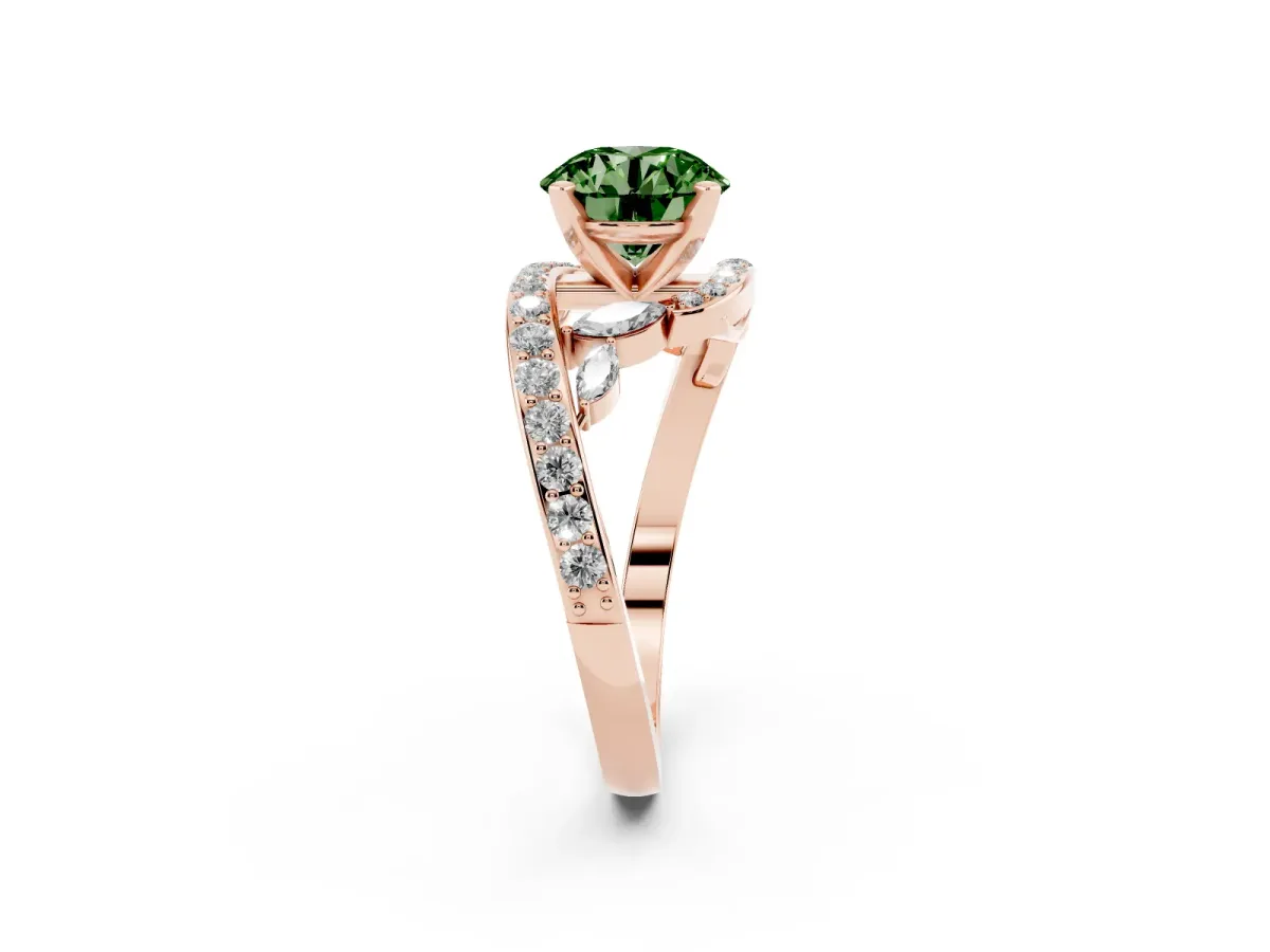 Fancy Green Round Cut Solitaire with Pavé Twist Band and Four-Prong Setting Rose gold