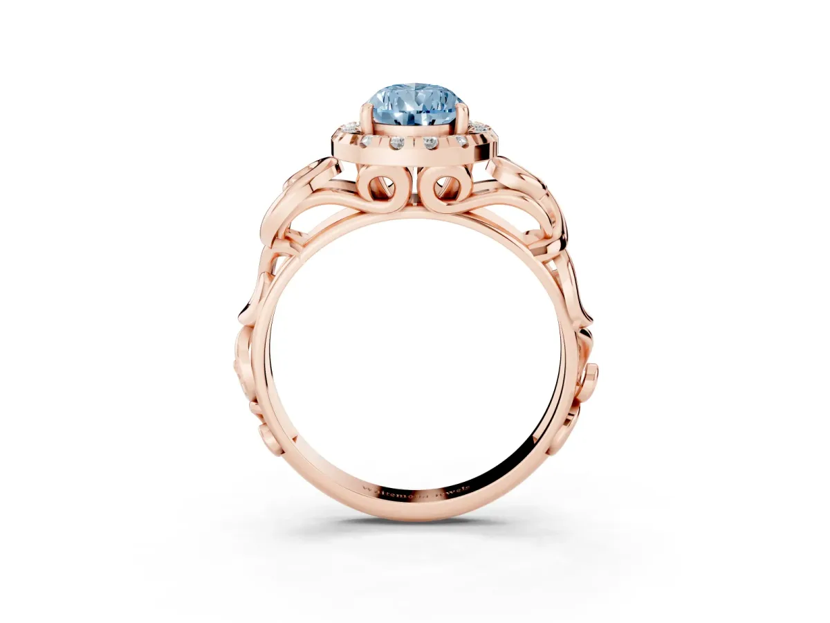 Fancy Blue Pear Cut Cut Halo Diamond Ring with Scrollwork Band and Four-Prong Setting Rose gold