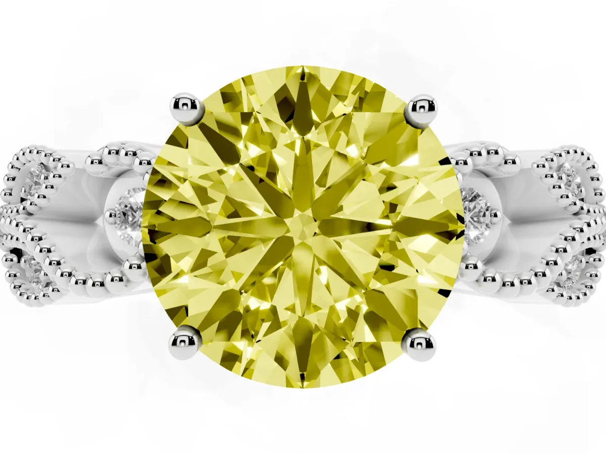 Fancy Yellow Round Cut Solitaire Milgrain Leaf Band with Prong Setting White gold