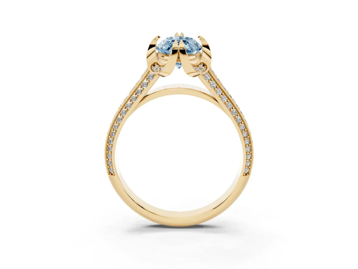 Fancy Blue Marquise Cut Solitaire Pave Split Shank Ring with Four-Prong Setting Yellow gold