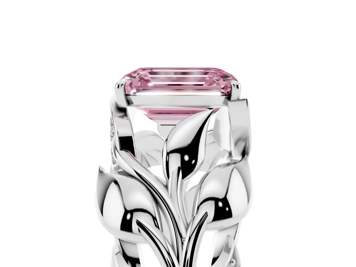 Fancy Pink Emerald Cut Diamond Leaf-Inspired Engagement Ring with Round Accents and Prong Setting Silver