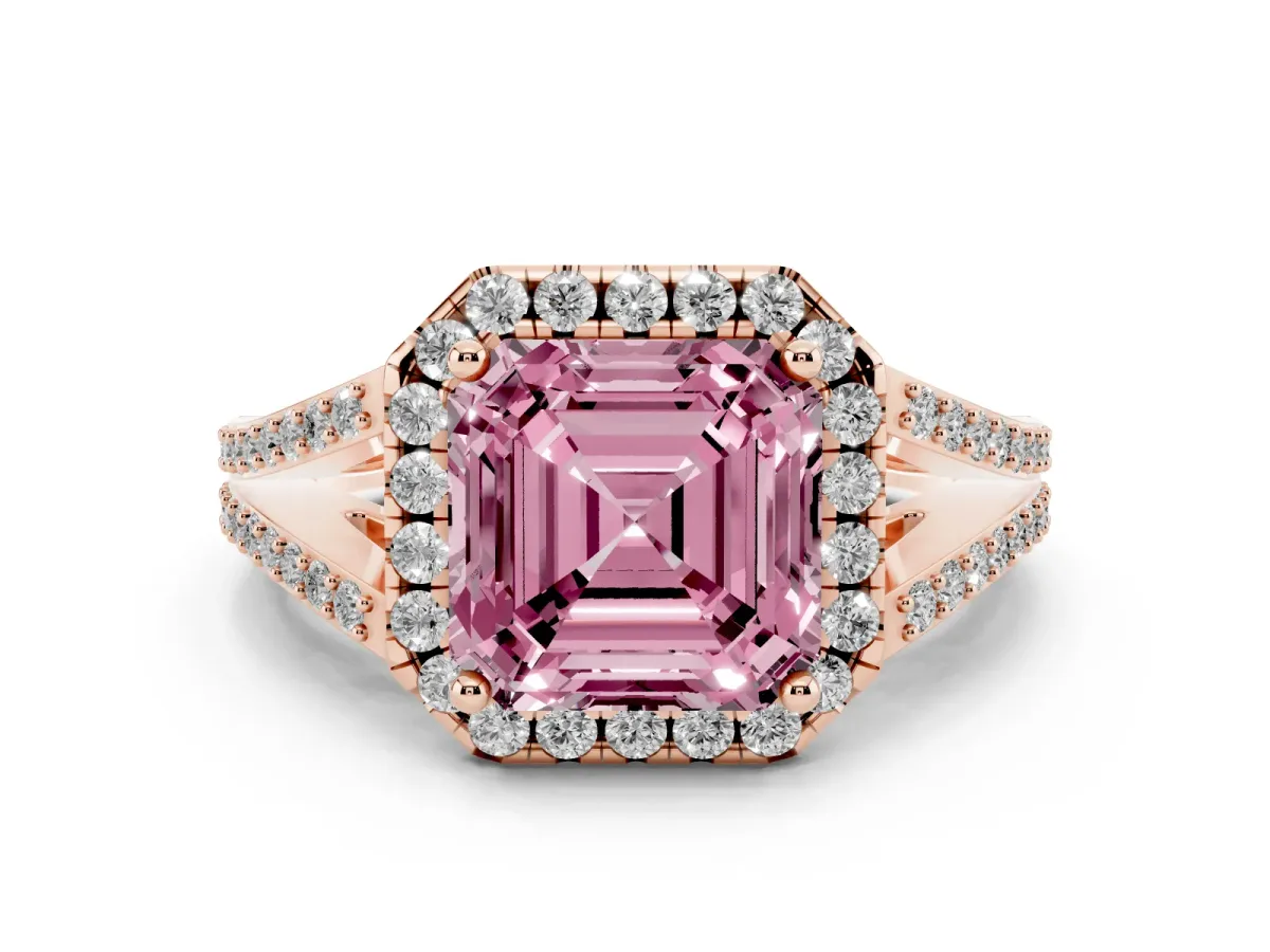 Fancy Pink Asscher Cut Halo Split Shank Diamond Ring with Prong Setting Rose gold