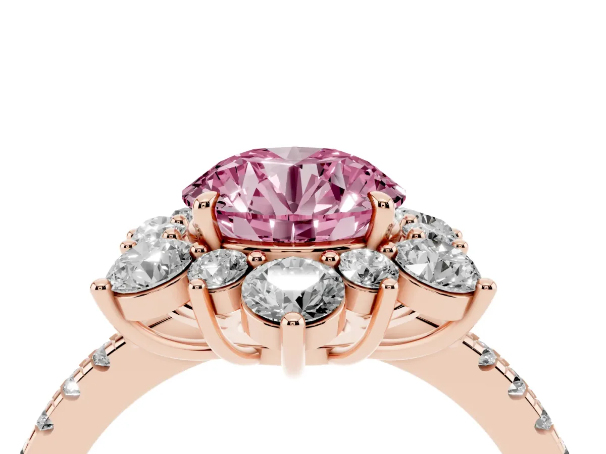 Fancy Pink Round Cut Diamond Floral Halo Ring with Round Pavé Band and Prong Setting Rose gold
