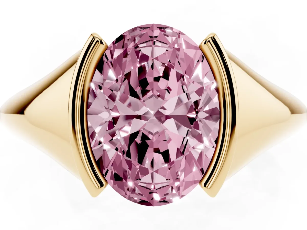 Fancy Pink Oval Cut Solitaire Tension Set Diamond Ring Yellow gold