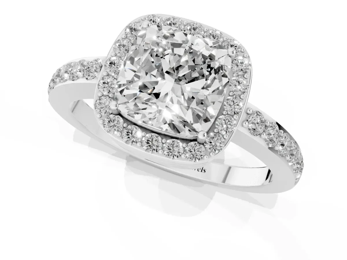 Cushion Cut Halo Diamond Pavé Band Ring with Prong Setting Silver