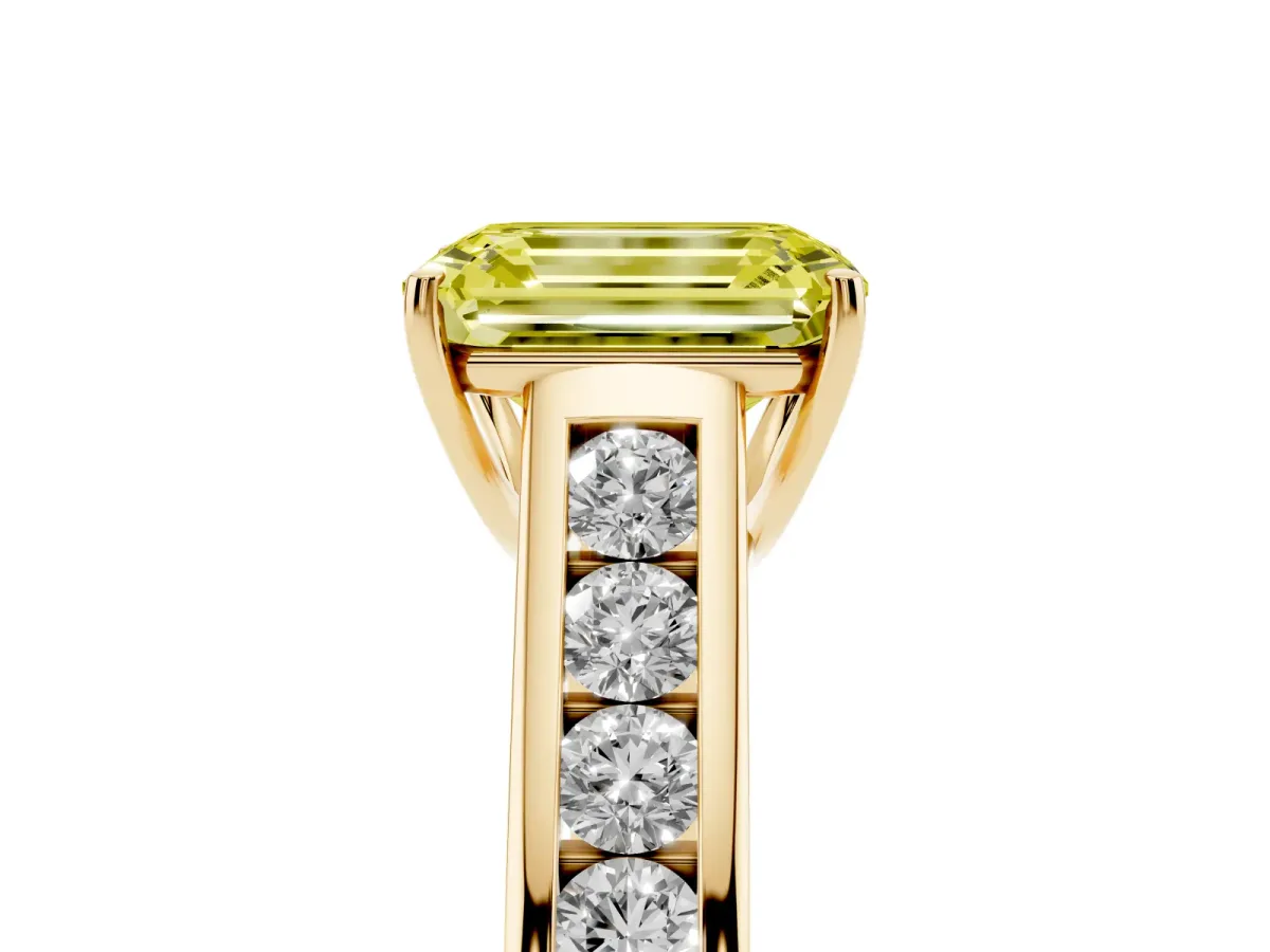 Fancy Yellow Emerald Cut Solitaire Channel-Set Diamond Engagement Ring with Four-Prong Setting Yellow gold