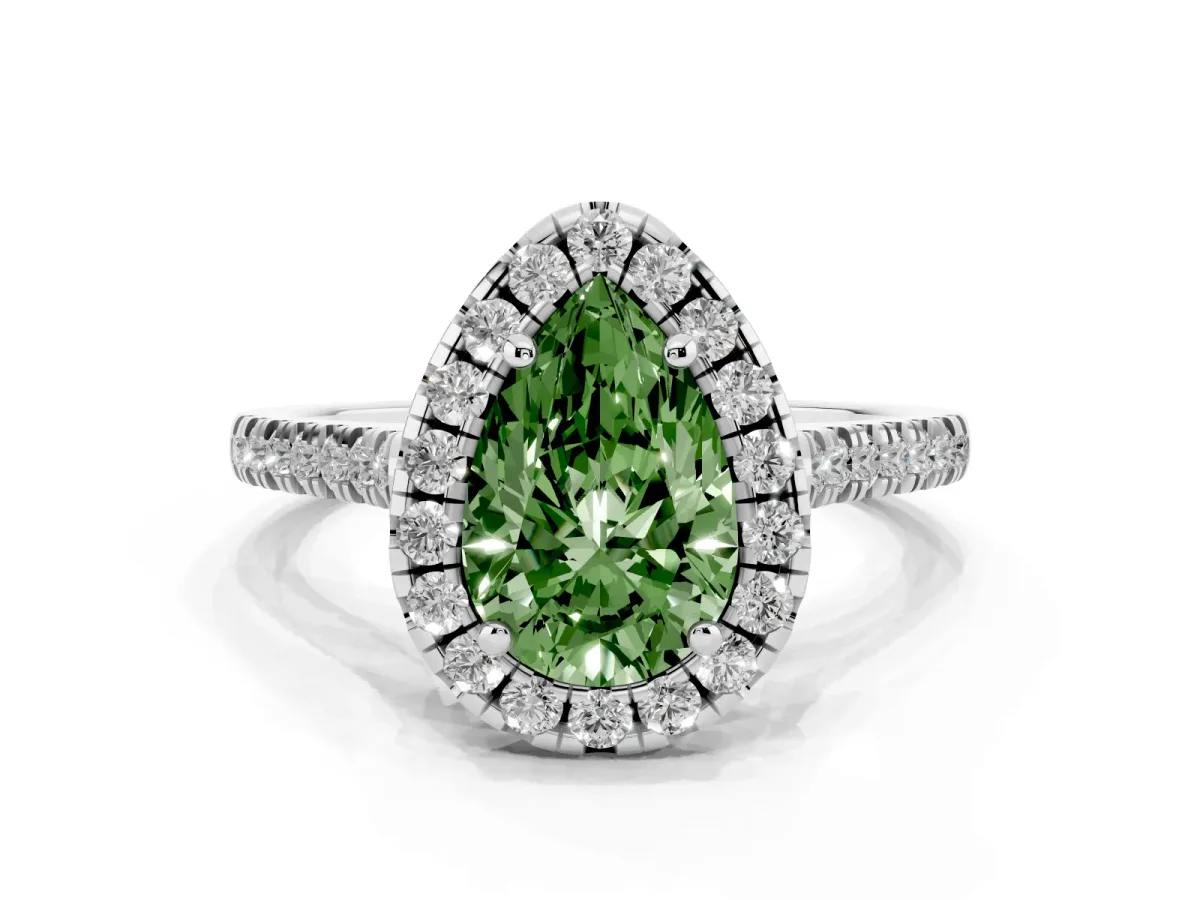 Fancy Green Pear Cut Diamond Cushion Halo Ring with Pavé Band White gold
