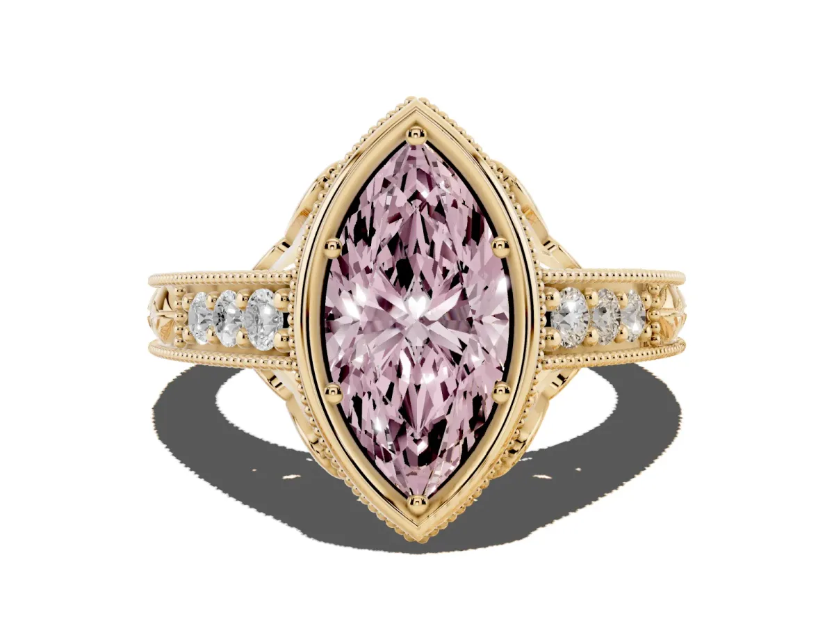 Fancy Pink Bezel Set Marquise Cut Diamond Milgrain Pave Engagement Ring Yellow gold