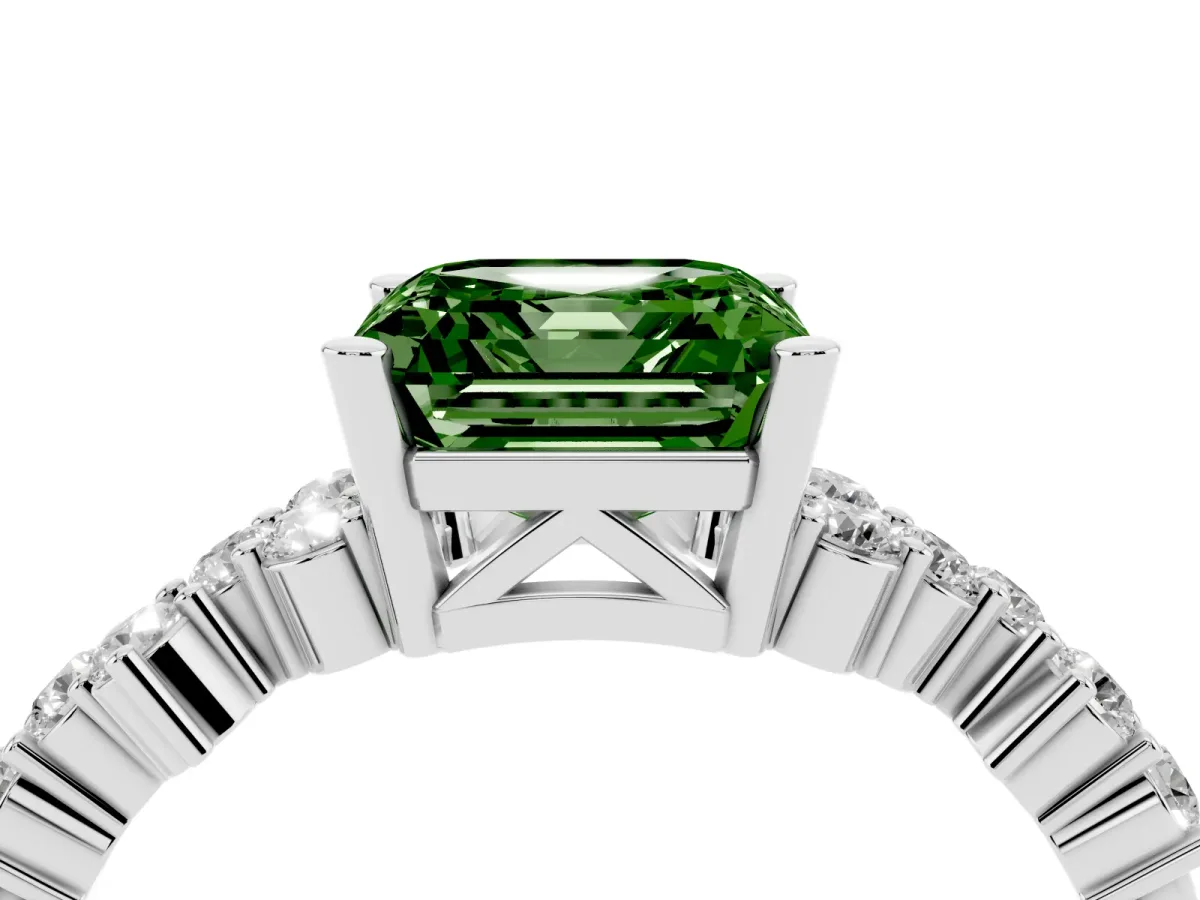 Fancy Green Asscher Cut Diamond Scattered Round Accent Ring with Prong Setting White gold