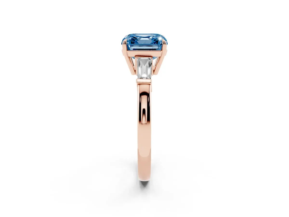 Fancy Blue Asscher Cut Diamond Three-Stone Ring with Tapered Baguette Side Stones and Prong Setting Rose gold