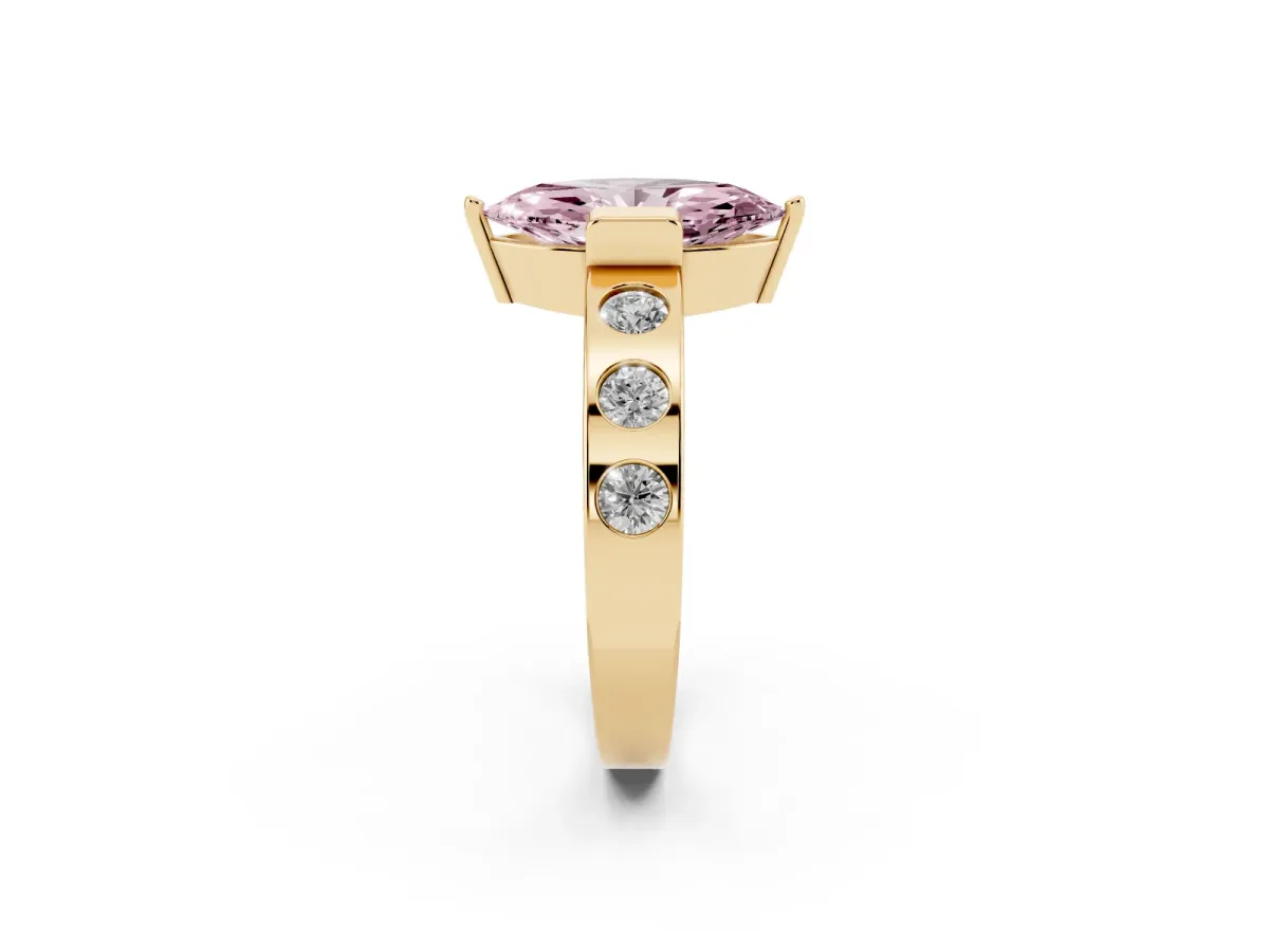 Fancy Pink Marquise Cut Brilliant Channel-Set Diamond Ring with Bezel Prong Setting Yellow gold