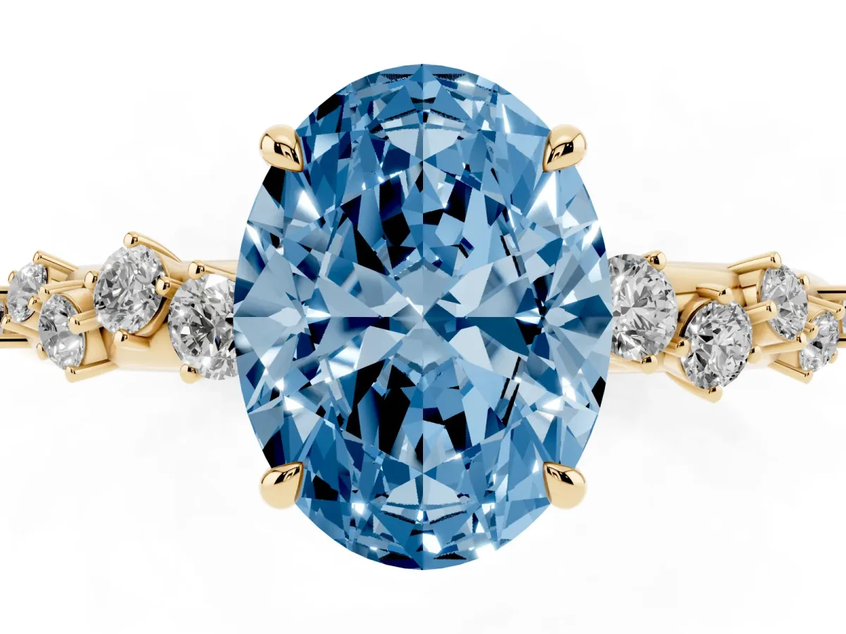 Fancy Blue Oval Cut Diamond Cluster Prong-Set Solitaire Ring Yellow gold