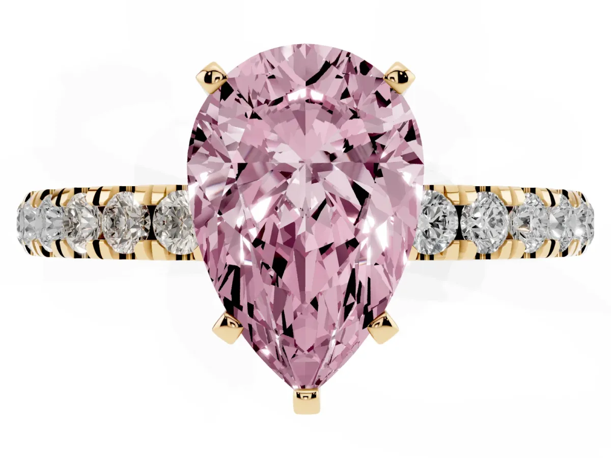 Fancy Pink Pear Cut Diamond Solitaire Ring with Pavé Accents and Four-Prong Setting Yellow gold