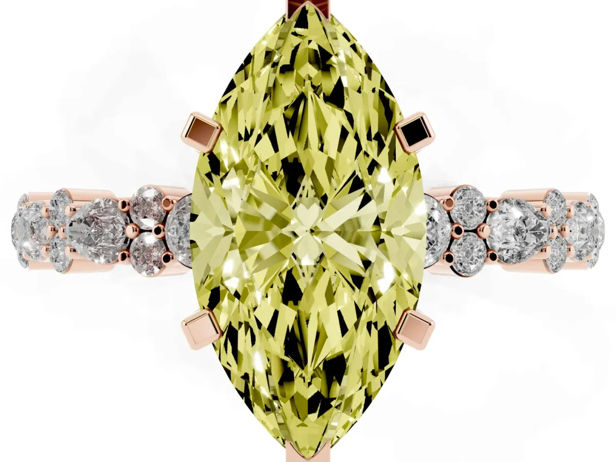 Fancy Yellow Marquise Cut Diamond Side Stone Solitaire Ring with Round and Four-Prong Setting Rose gold