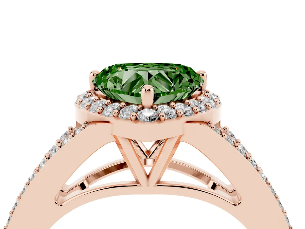 Fancy Green Heart Cut Halo Split Shank Pave Diamond Ring with Four-Prong Setting Rose gold